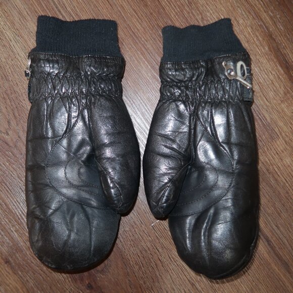 Vintage Womens Grandoe Black Leather Plush Warm Snow Mittens Gloves sz Medium M - Picture 4 of 5
